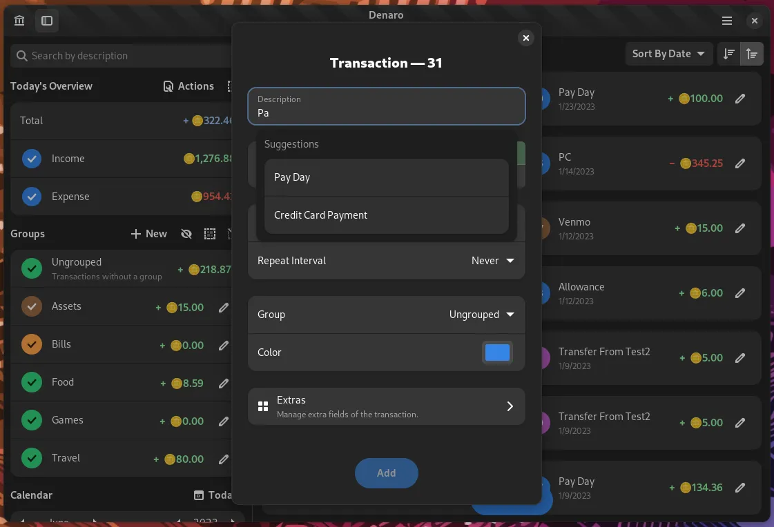 Screenshot of Denaro's transaction dialog.