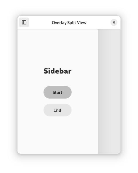 Screenshot of a window with a utility pane at a small width. There is a button at the top left with an icon mirroring the shape of the window. This button controls the visibility of the sidebar. It is currently toggled, and the sidebar overlays the main content.