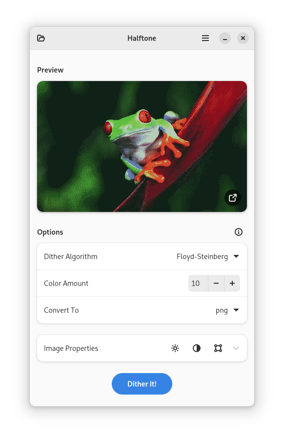 Screenshot of Halftone&rsquo;s main window. The image selected is a picture of a frog on a plant, looking toward the viewer. Below it is a list of dithering options.