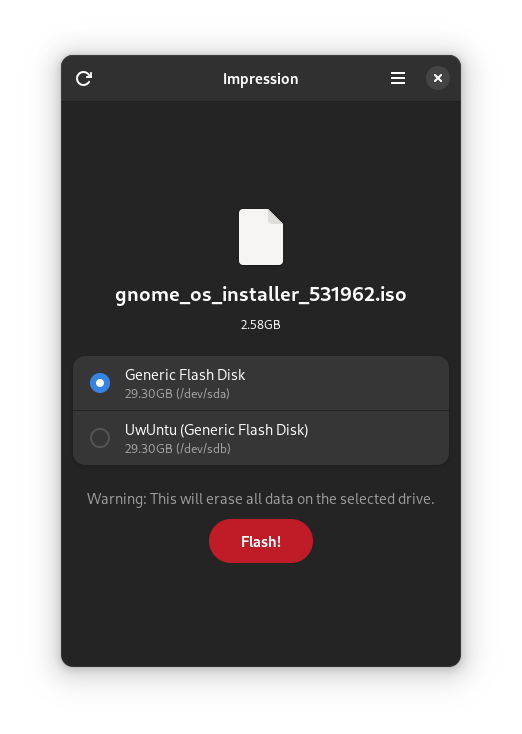 Screenshot of Impression&rsquo;s main window. It shows the name of the .iso file the user selected above a list of two devices with the top device selected. Below the list there&rsquo;s a big red &ldquo;Flash!&rdquo; button and a warning that all data on the selected device will be erased.